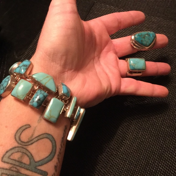Huge Bold 3pc Artisan Genuine Turquoise .925 Stamped Sterling Trio “8 Rg’s 8 & 9 - Picture 4 of 16
